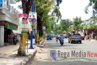 Tampak alat peraga kampanye (APK) yang terpampang di sejumlah pohon di pinggir jalan wilayah kota Pamekasan.