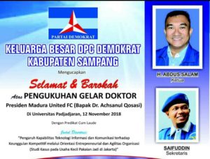 Ketua Dan Sekretaris DPC Partai Demokrat Sampang Ucapkan Selamat Atas Predikat Cum Laude Ahsanul Qosasi