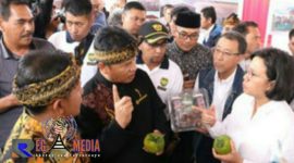 Menteri Keuangan RI (Sri Mulyani Indrawati), saat hadir dalam penyerahan Program Community Development PT. Geo Dipa Energi (GDE) di Kecamatan Ciwidey, Bandung. 