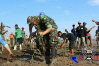 Dandim 0718/Pati Letkol Arm Arief Darmawan saat menanam mangrove di pesisir Pantai Pangkalan bersama masyarakat.