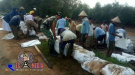 Koramil 10/Dukuhseti bersama warga dan mahasiswa KKN melakukan pembendungan pinggir sungai silugonggo kenanti dengan kantongan sak berisi pasir.
