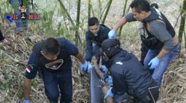 Tim Cobra Polres Lumajang saat mengevakuasi mayat korban perampokan yang  dibuang ke semak-semak bambu.