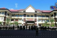 Berlangsungnya apel di Mapolda Gorontalo dalam pengamanan saat pelaksanaan Pembatasan Sosial Berskala Besar (PSBB) Provinsi Gorontalo.