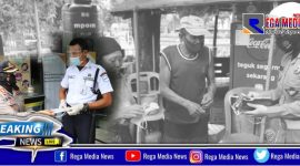 Kapolres Pelabuhan Tanjung Perak saat membagikan masker gratis kepada para PKL dan pemilik warung di wilayah Surabaya.