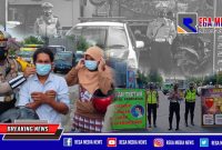 Unit Turjawali Satlantas Polres Sampang saat memberikan imbauan kepada masyarakat dan pengguna jalan tentang Prokes dan imbauan 5 M, didepan Pos Lantas Tangguh Semeru.