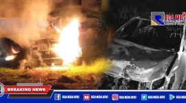Tampak api membesar dan melalap mobil operasional PWI Sampang di area persawahan.