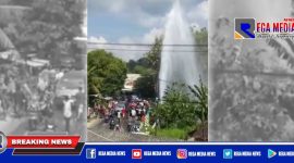 Tampak semburan air PDAM di Ketapang Sampang meluber tinggi dan menjadi tontonan warga.