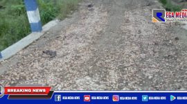 Tampak kondisi pengerjaan proyek rabat beton di Desa Gunung Kesan, rusak.