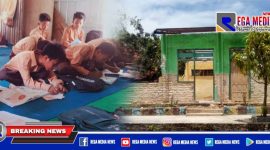 Caption: tampak ruang kelas SDN Bire Tengah 5 ambruk dan kegiatan belajar mengajar dilaksanakan dirumah warga.