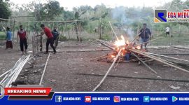Caption: tampak anggota Polsek Ketapang membongkar dan membakar arena sabung ayam.