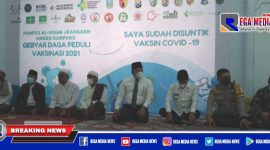 Caption: HCML gelar vaksinasi gratis di Ponpes Al Ihsan Jrangoan, dihadiri Bupati-Wabup Sampang, Forkopimda, Ketua PCNU dan beberapa tokoh ulama'.