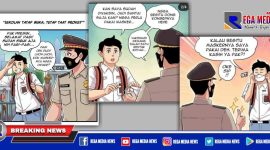 Caption: sosialisasi penerapan prokes kepada pelajar melalui gambar kartun.