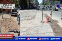 Caption: tampak bekas tanah galian proyek penggalian pipa PDAM berserakan.