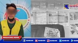 Caption: tersangka inisial MB dan barang buktinya saat diamankan di Mapolrestabes Surabaya.