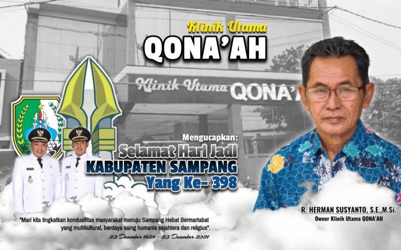 Caption: ucapan selamat hari jadi Kabupaten Sampang ke 398 dari Owner Klinik Utama Qona'ah (R. Herman Susyanto).