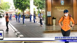 Caption: Saqinatul Khiyaroh (Keke) saat menginstrukturi senam di kantor Bappeda Provinsi Jawa Timur.