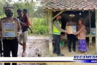 Caption: tampak anggota Satlantas Polres Sampang membawa dan memberikan bantuan paket sembako kepada warga kurang mampu.