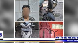 Caption: tersangka Khobairi dan barang buktinya saat diamankan di Mapolsek Semampir, Surabaya 