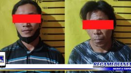 Caption: tersangka kasus narkoba inisial (MES) dan (SMR), saat diamankan di Mapolsek Tambaksari Surabaya.