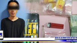 Caption: tersangka inisial AW dan barang buktinya saat diamankan di Mapolres Pelabuhan Tanjung Perak.