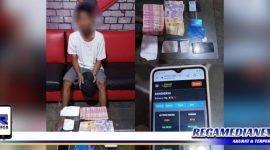 Caption: tersangka kasus judi online dan barang buktinya saat diamankan Polres Gorontalo Kota.