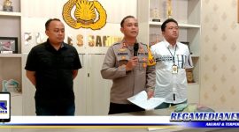 Caption: didamping Kasi Humas dan Kasat Reskrim, Kapolres Sampang ungkap satu pelaku kasus pemerkosaan anak dibawah umur, (Doc: Harry/RMN).