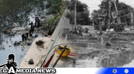 Caption: tampak pekerja proyek berada di sungai pembuangan lumpur, (dok. regamedianews).
