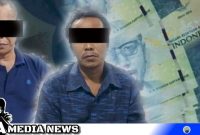 Caption: tersangka sindikat uang palsu inisial J dan RN beserta barang buktinya, (dok. regamedianews).