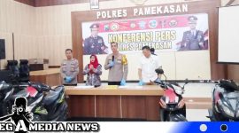 Caption: Kapolres Pamekasan AKBP Satria Permana didampingi Kasat Reskrim dan Kasi Humas saat Konferensi pers ungkap Kasus Pencurian dan Narkoba (foto/sh). 