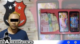 Caption: tersangka penjual chip inisial AM dan barang buktinya, (dok. Basori Regamedianews).
