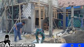 Caption: terlihat guru SDN Pasarenan 2 bantu Satgas TMMD Kodim 0828 Sampang saat melaksanakan pembangunan ruang guru, (dok. regamedianews).