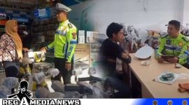Caption: anggota Satlantas Polres Sampang saat sosialisasi dan memberikan imbauan ke toko-toko penjual sepeda listrik, (dok. regamedianews). 