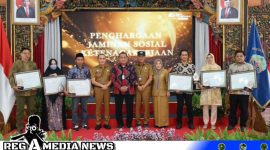 Caption: Kepala BPJAMSOSTEK Madura pose bersama dengan PJ Bupati Bangkalan, (dok. regamedianews). 