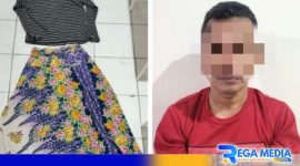 Caption: tersangka MS dan barang bukti pakaian korban saat diamankan di Mapolres Pamekasan, (dok. regamedianews). 