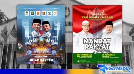 Caption: dua pamflet ajakan mengantarkan pendaftaran ke KPU dari masing-masing bapaslon, (dok. regamedianews). 