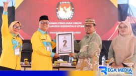 Caption: Thariq Modanggu Calon Bupati Gorontalo Utara tunjukkan nomor urut 02, (dok. regamedianews). 