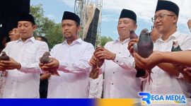 Caption: Ketua KPU Sampang berdampingan dengan paslon Jimad Sakteh saat pelepasan merpati, (dok. regamedianews). 