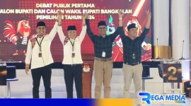 Caption: kedua paslon Cabup dan Cawabup Bangkalan Lukman-Fuzan serta Mathur-Jayus, (dok. regamedianews). 