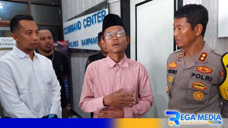 Caption: Dullo saat permintaan maaf, didampingi Kanit Tipidter Satreskrim dan Kapolres Sampang, (dok. regamedianews). 