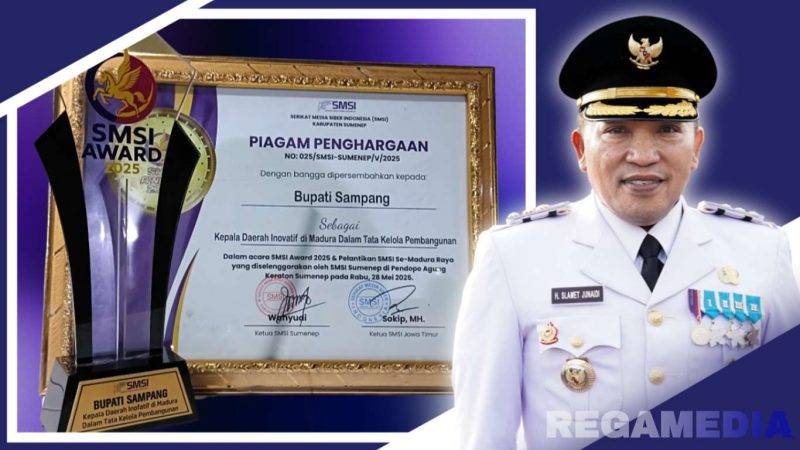Caption: piagam penghargaan untuk Bupati Sampang H.Slamet Junaidi pada SMSI Award tahun 2025, (dok. regamedianews). 