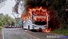 Caption: potongan video viral Bus Pahala Kencana terbakar saat melintas di jalan raya Paterongan Bangkalan Madura. 