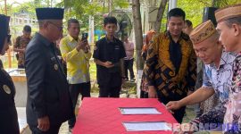 Caption: penandatanganan pakta integritas pimpinan OPD di lingkungan Pemkab Gorut dan Camat se-Kabupaten Gorut, di RTH Molingkapoto Kecamatan Kwandang. 