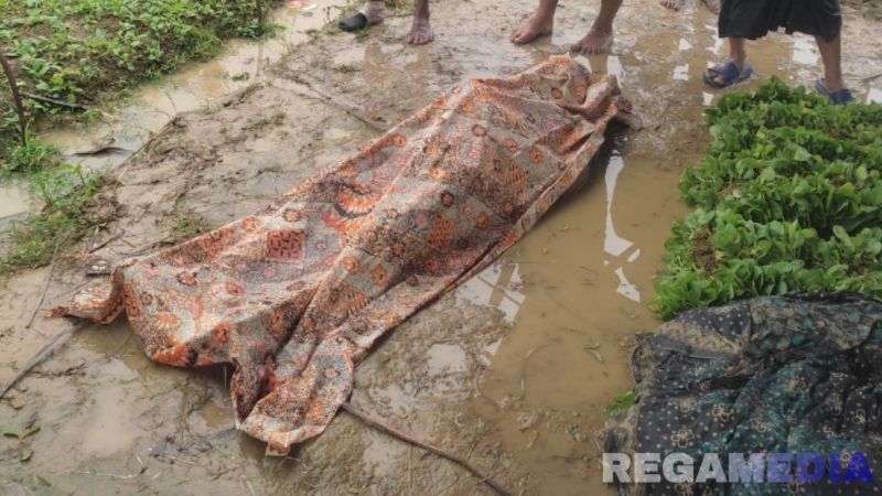 Caption: Mujib, korban tersambar petir tampak tergeletak ditutupi kain di lokasi kejadian, (dok. regamedianews). 