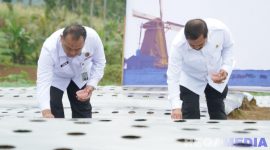 Caption: Menteri Imipas (Agus Andrianto), menanam bibit edamame dan kubis di lahan SAE L’Sima, Kabupaten Malang, (foto istimewa). 