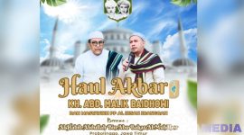 Caption: pamflet haul akbar KH. Abdul Malik Baidhowi ke-30 dan masyayikh Ponpes Al-Ihsan Jrangoan, (sumber foto: Media Center Al-Ihsan). 