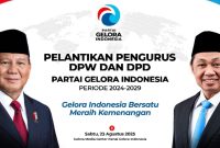 Caption: pamflet pelantikan Pengurus DPW dan DPD Partai Gelora Indonesia, (sumber: Gelora Media Center). 