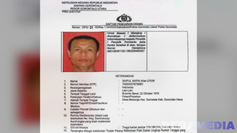 Caption: Polres Gorontalo Utara terbitkan surat penetapan DPO terhadap pelaku pembunuhan wanita di Desa Mebongo, (dok. regamedianews). 