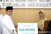Caption: BPJS Ketenagakerjaan dampingi Wakil Menteri Agama, menyerahkan santunan kematian kepada pihak keluarga petugas haji yang wafat, (dok. foto istimewa). 