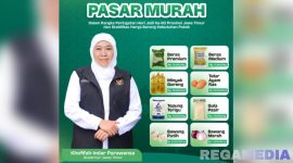Caption: Gubernur Jatim Khofifah Indar Parawansa, tampak di pamflet Pasar Murah dalam rangka memperingati Hari Jadi Provinsi Jawa Timur ke-80, (dok. regamedianews). 