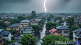 Caption: gambar ilustrasi cuaca ekstrem berupa hujan disertai petir, (dok. regamedianews). 